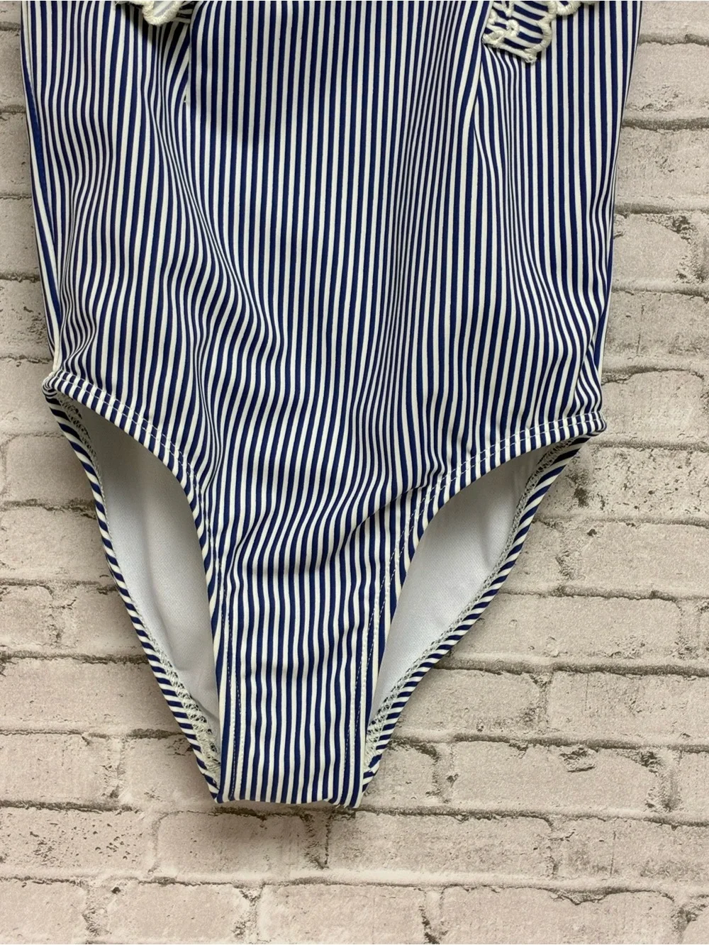 GYMBOREE Girls Size 6 Kids Striped Swimsuit Ruffles Navy Blue White Eyelet